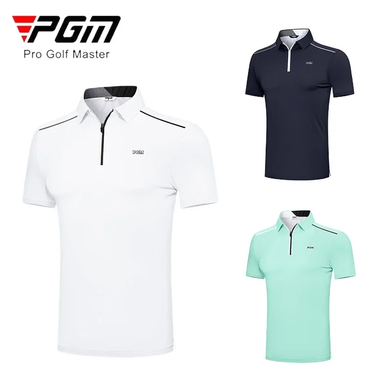 PGM Men Breathable Golf Shirt Male Fast Dry Short Sleeve T-shirt Men Zipper Turn Down Collar Tops Sweat-absorbing Sport Clothing