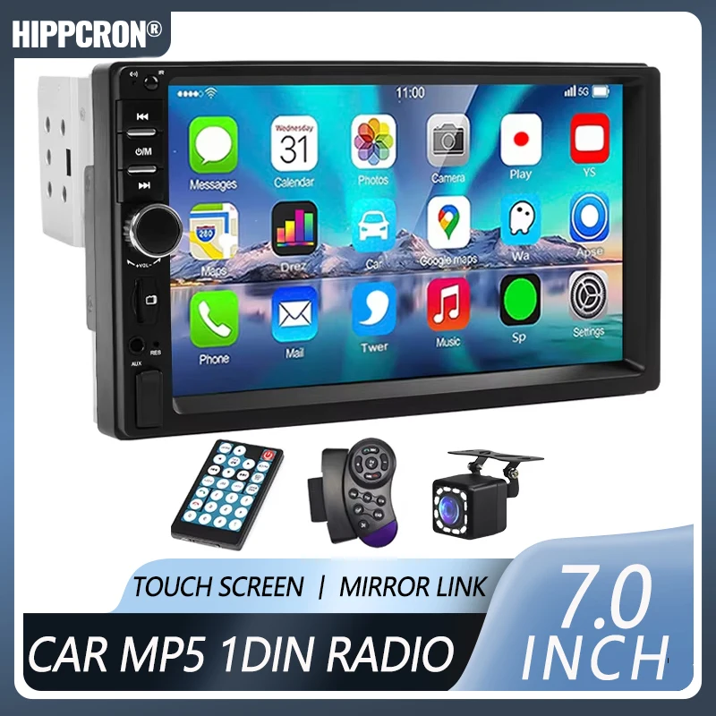 Hippcron 1din Multimedia MP5-Player, 7-Zoll-Autoradio, HD-Touchscreen, FM, Aux-Eingang, BT, USB, Mirror Link, Autoradio, unterstützt Kamera