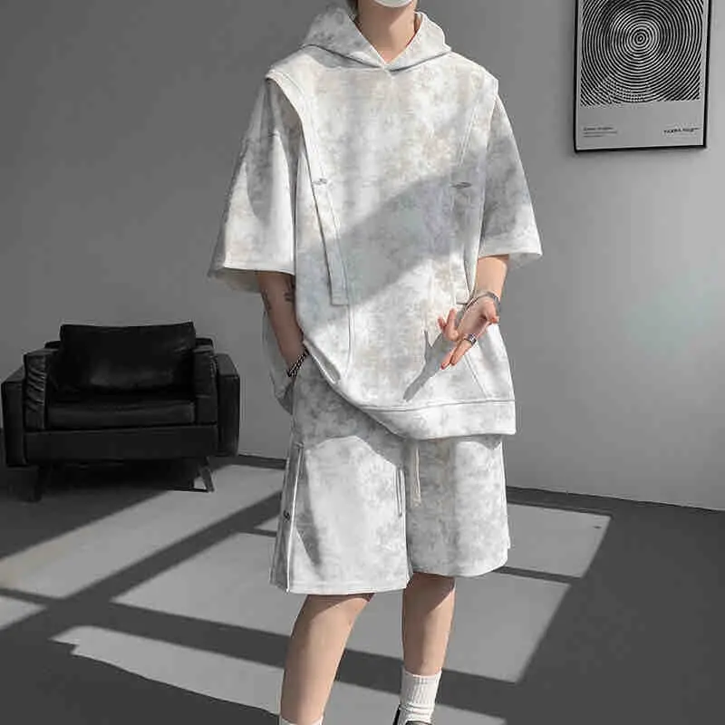 

American Tie Dye Design Short Sleeve T-Shirt Set Loose Fit round Neck Big Size Men's Sporty Two-Piece Suit Casual Wear