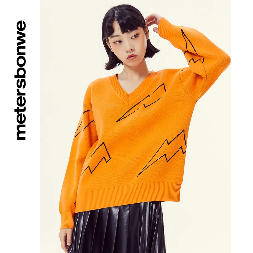 Metersbonwe-Women's V-Neck Sweater Jumper Embroidery Pumpkin Orange Long Sleeve Loose Tops Halloween Commute Casual Autumn