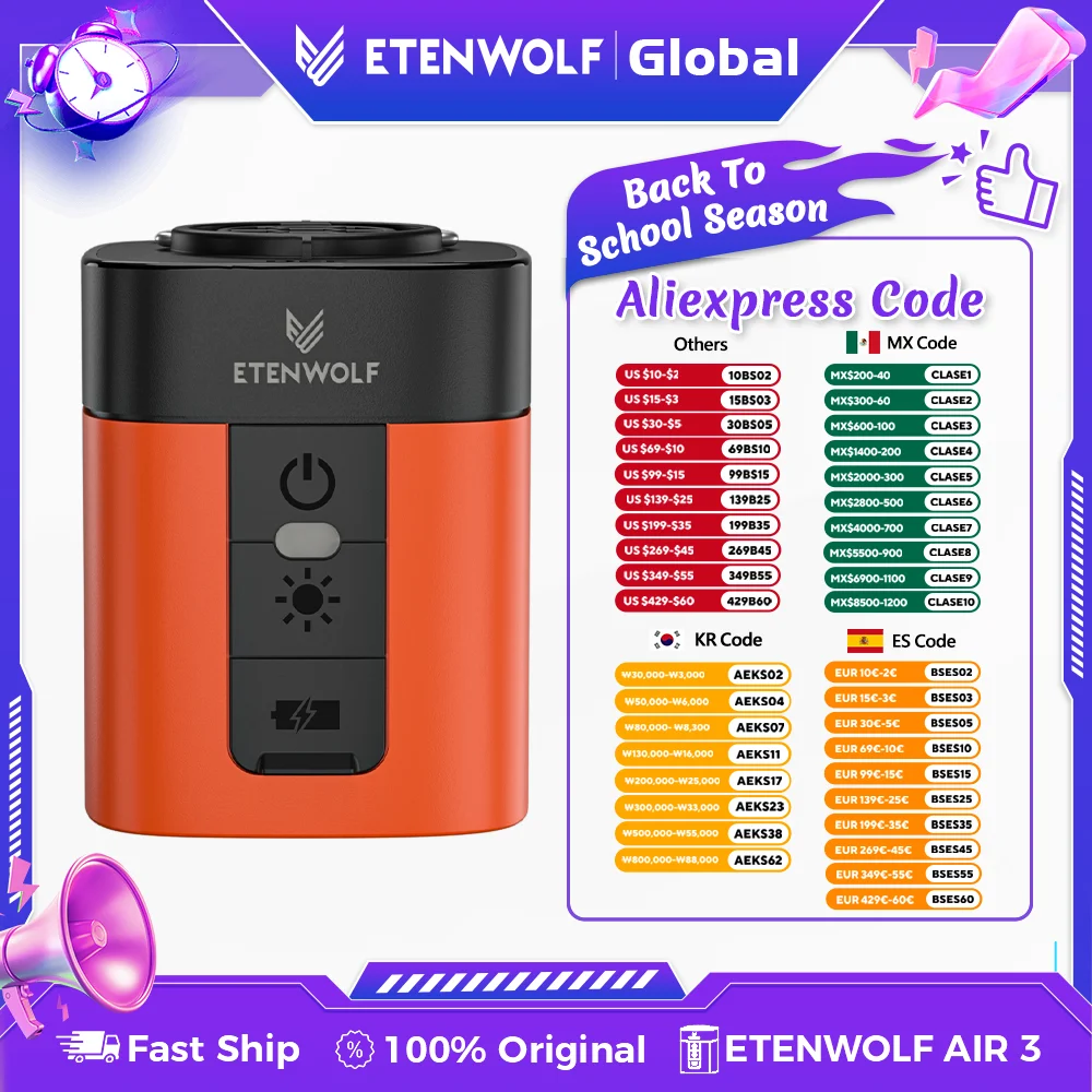 ETENWOLF Air 3 Pompa ad aria elettrica 2600mAh Batteria e luce Pompa da campeggio portatile per materasso ad aria Materassini per dormire Galleggianti per piscina