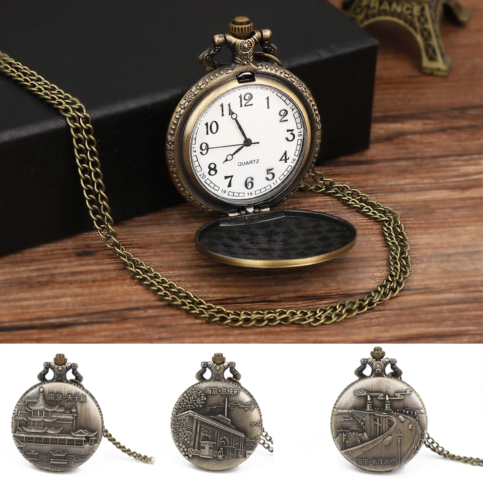 Antique Style Quartz-pocket Watches Classic Vintage Flip Design With Exquisite Nanjing Landmark Engravings. Classic Retro