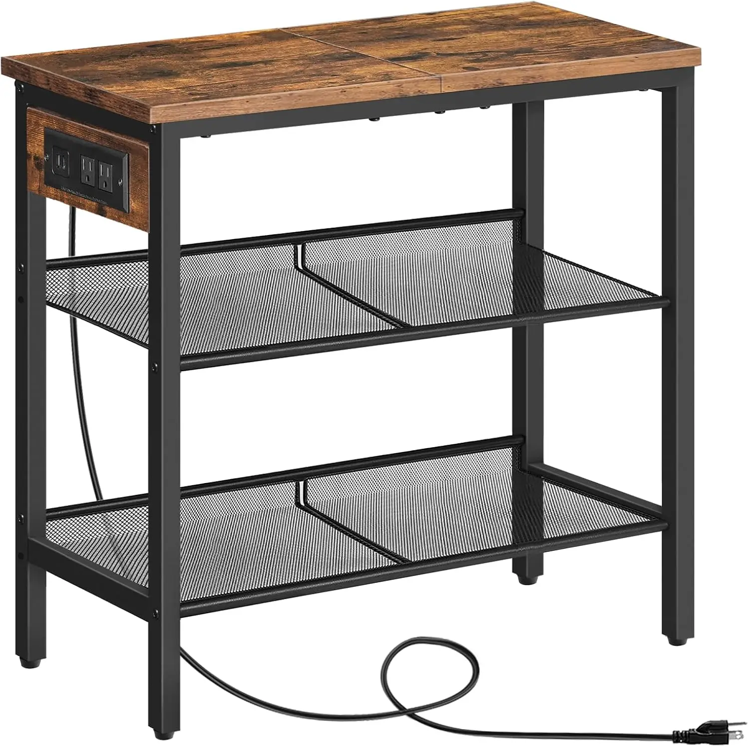 

End Table, 3-Tier Narrow Side Table with Charging Station, Nightstand with 2 Flat or Slant Adjustable Shelves for Small Space