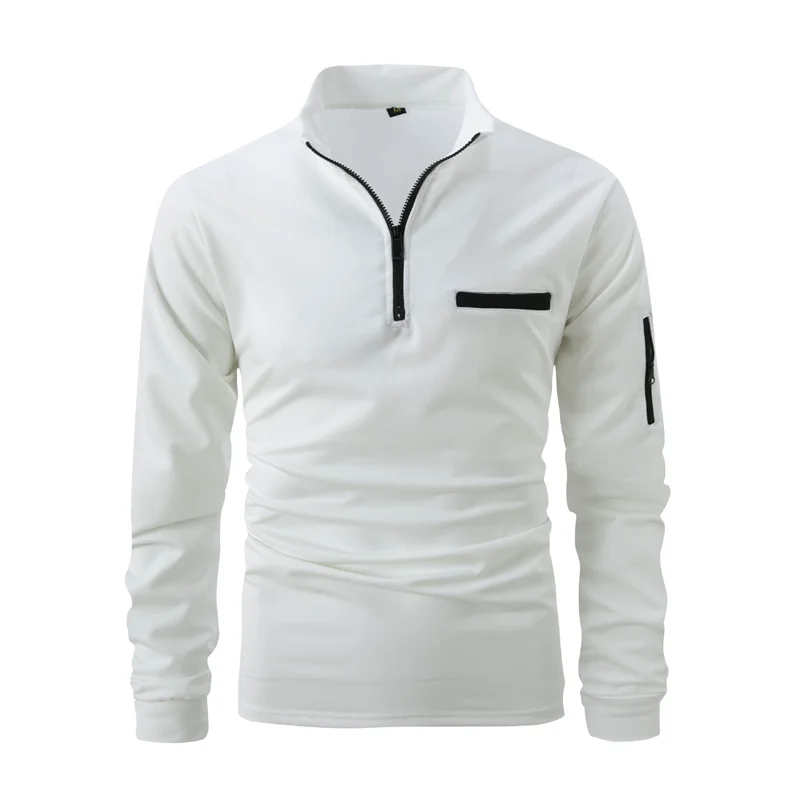 Men's stand-collar half-zip long-sleeved polo shirt, new autumn/winter style casual top with trendy and simple pocket decoration