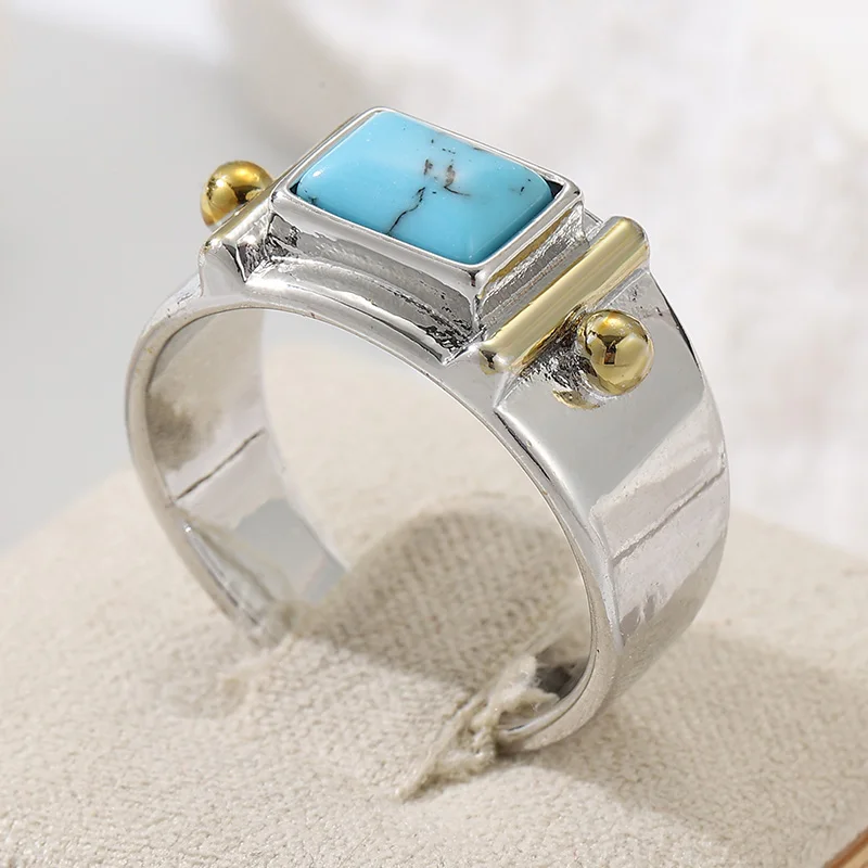 Ethnic Inlaid Imitation Turquoise Women's Ring Vintage Two Color Geometry Daily Wear Party Jewelry Anniversary Gift