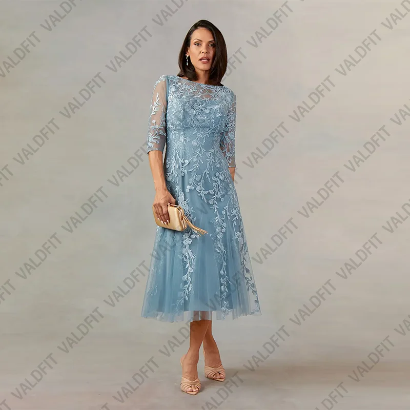 Customized Tea Length Dusty Blue Lace Mother of the Bride Dresses with Sleeves Wedding Party Dress Vestidos De Festa