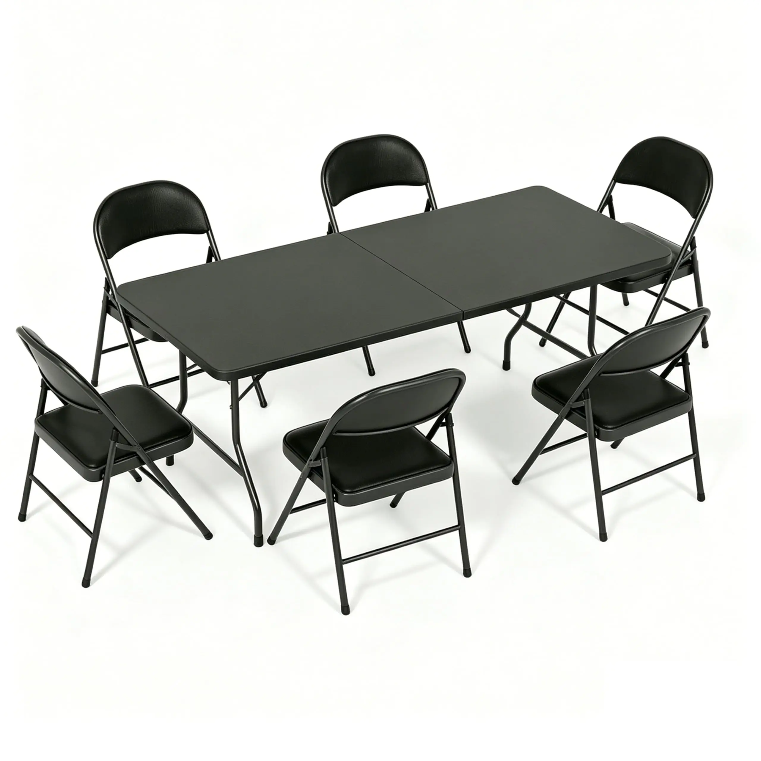 Folding Dining Table Set, 6FT Foldable Plastic Table with Carrying Handle & 6 PU Leather Padded Folding Chairs, Portable