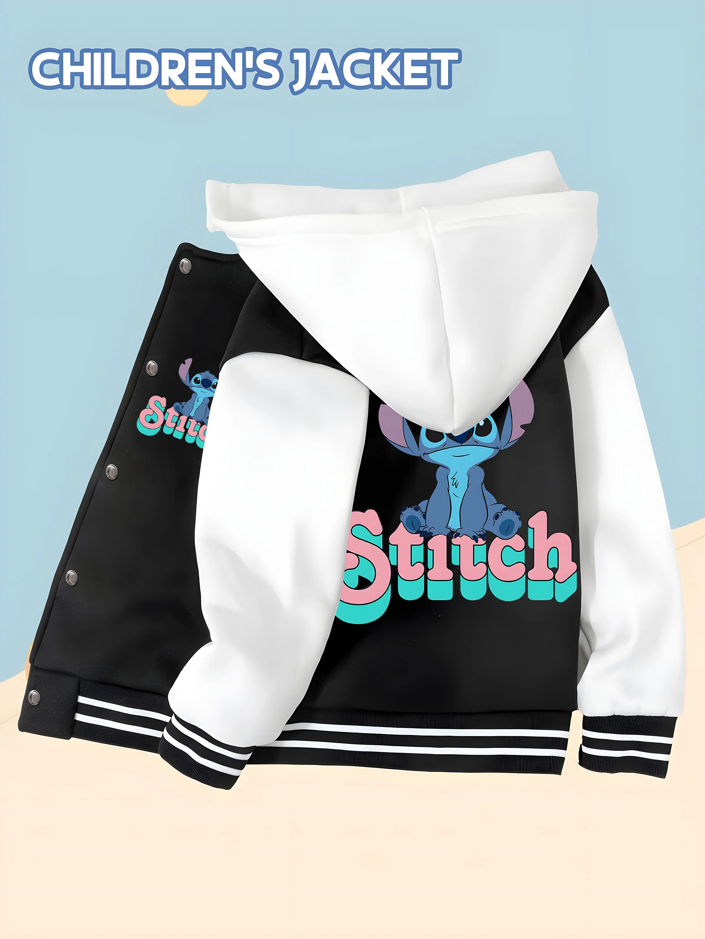 

MINISO Disney Boys Baseball Jacket - Stitch Font Print, Front and Back Print Design, Comfortable for Everyday School