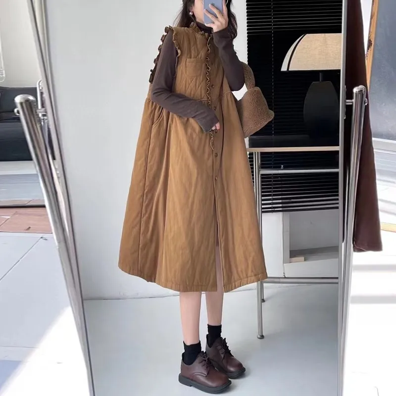 Johnature Fungus Trimmed Pinstrip Velvet Cotton Vest Dresses 2024 Autumn Winter New Loose Versatile Layered Women Dresses