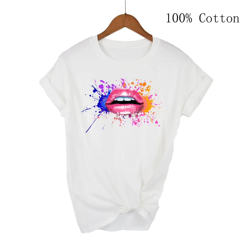 Women Summer Short Sleeve Tshirts Fashion Red Lips Finger Print Ladies T-shirts Top Cartoon Womens Graphic Tees T-Shirts