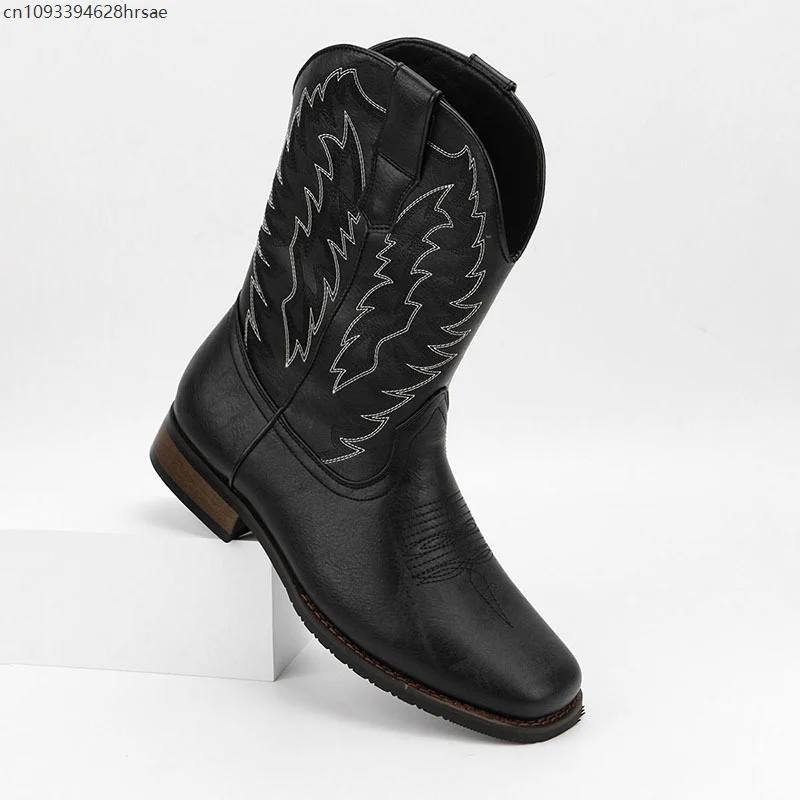 Slip-On Western Cowboy Square Toe Męskie buty Casualowe buty motocyklowe na niskim obcasie z haftem Botas do połowy łydki z blokami kolorów