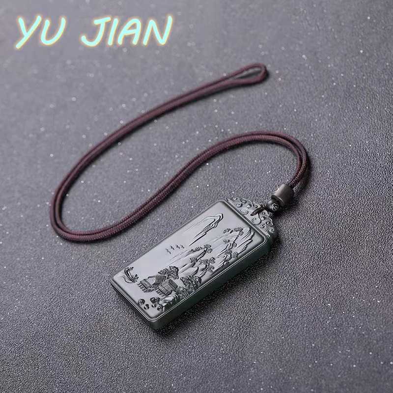 أحدث الطبيعية Hetian الأزرق اليشم نحت المشهد قلادة الزمرد غرامة مجوهرات مع سلسلة قلادة غرامة المصوغات #3