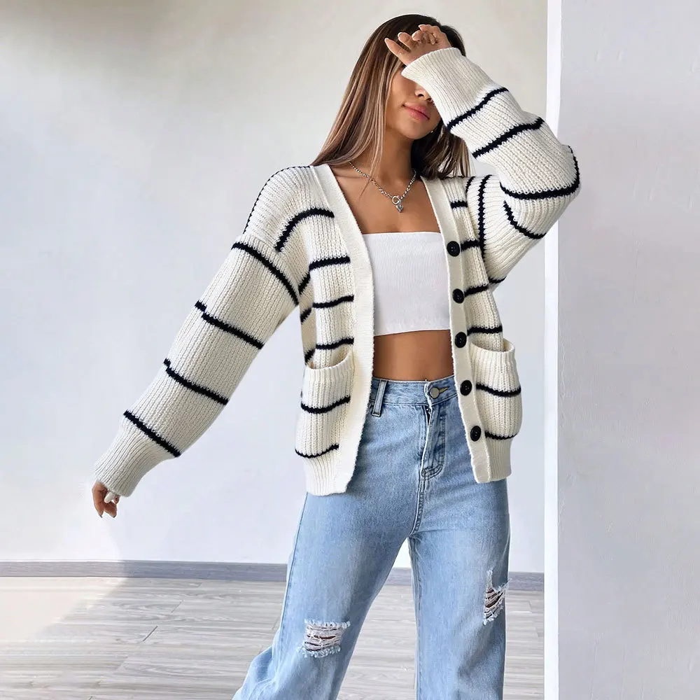 Striped Autumn Women's Cardigan Color Blocked Single Breasted Pockets Female's Knit Sweater Slouchy-Style Slim Knitwear For Lady
