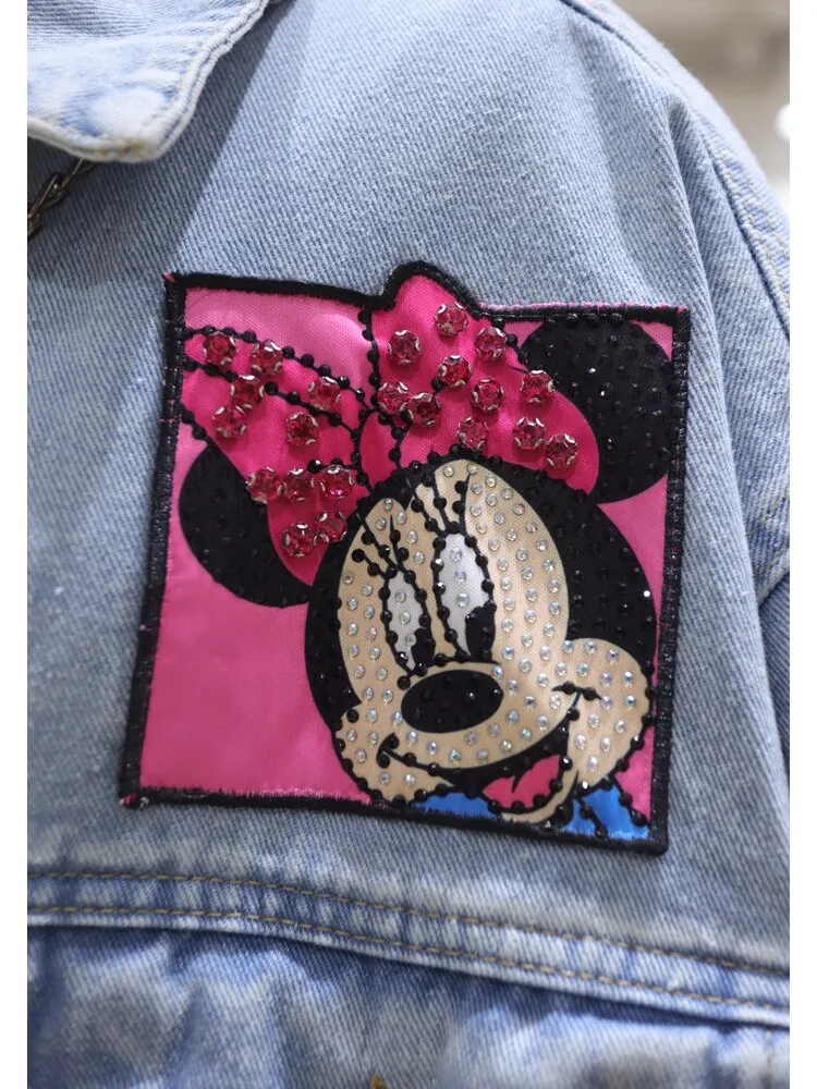 Sewing Beads Cartoon Embroidery Long Sleeve Coat Female 2024 Spring Autumn Loose All-Match Washed Broken Denim Jacket Women