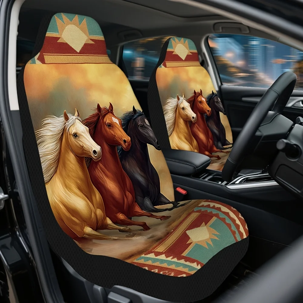 Set Of 2 Galloping Horses Artwork Car Seat Covers – Universal Front Seat Protectors For Vehicles, Suvs & Sedans, Sturdy, Easy To