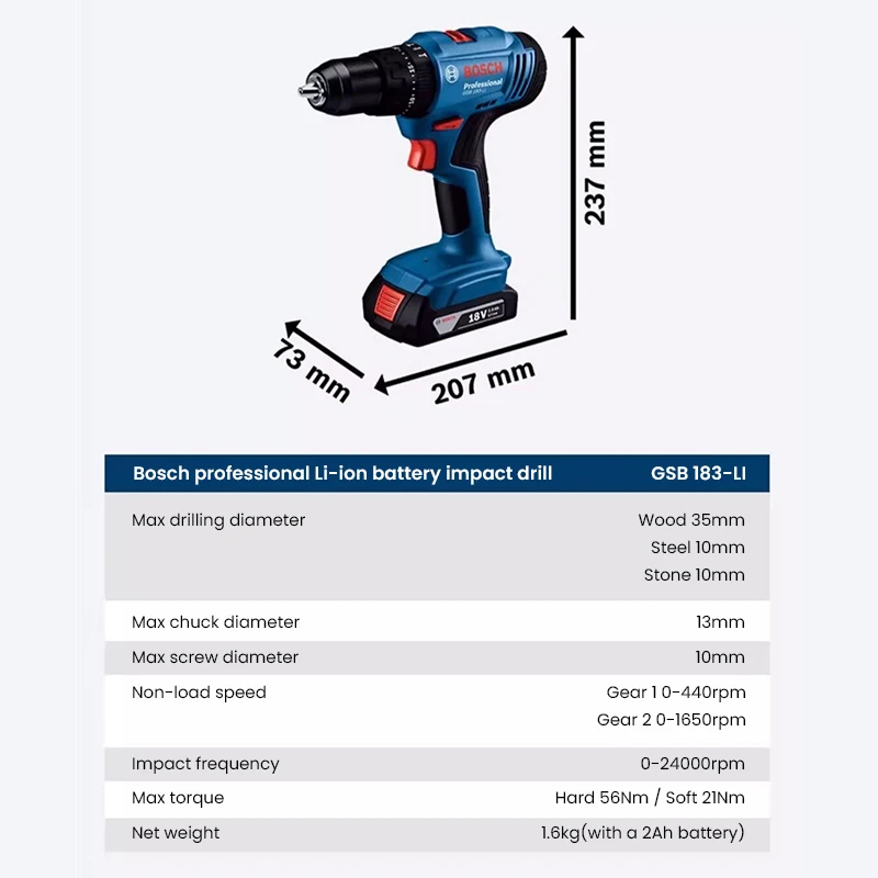 Bosch GSB 183 Electric Drill Screwdriver Cordless Brushless Impact Drill 56Nm Torque Multi-Use Power Tools for Wood Stone Metal