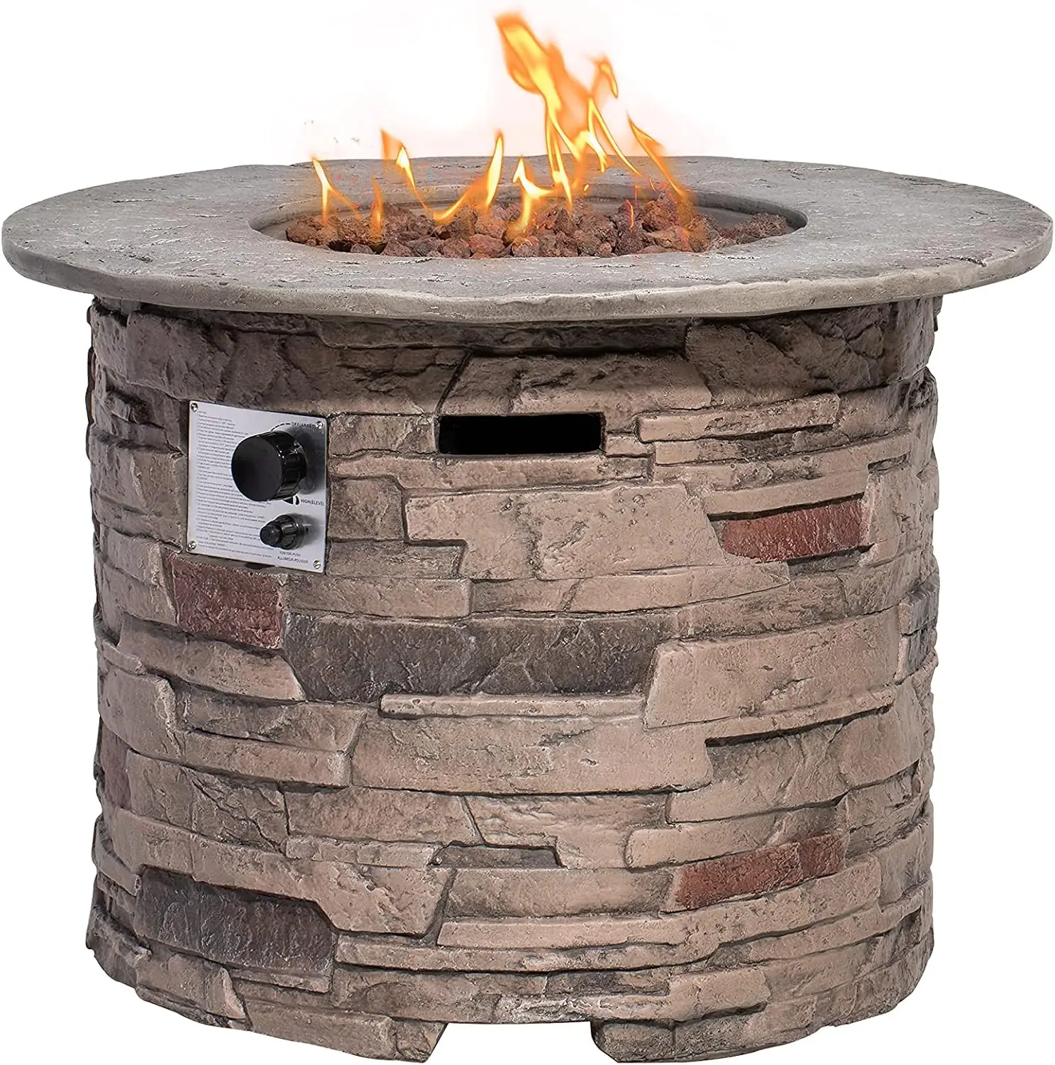 HOMPUS Outdoor Propane Fire Pit Table,32-inch Imitation Stone Round Concrete Propane Fire Pit with Lava Rocks and Rain Cover 40