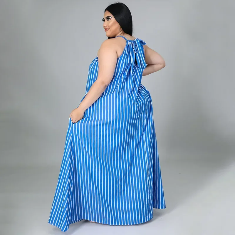 KEXU Stripe Print Plus Size Women Maxi Dress Sleeveless Hater Long Loose Casual Beach Dress Fashion Bohemian Street Wear