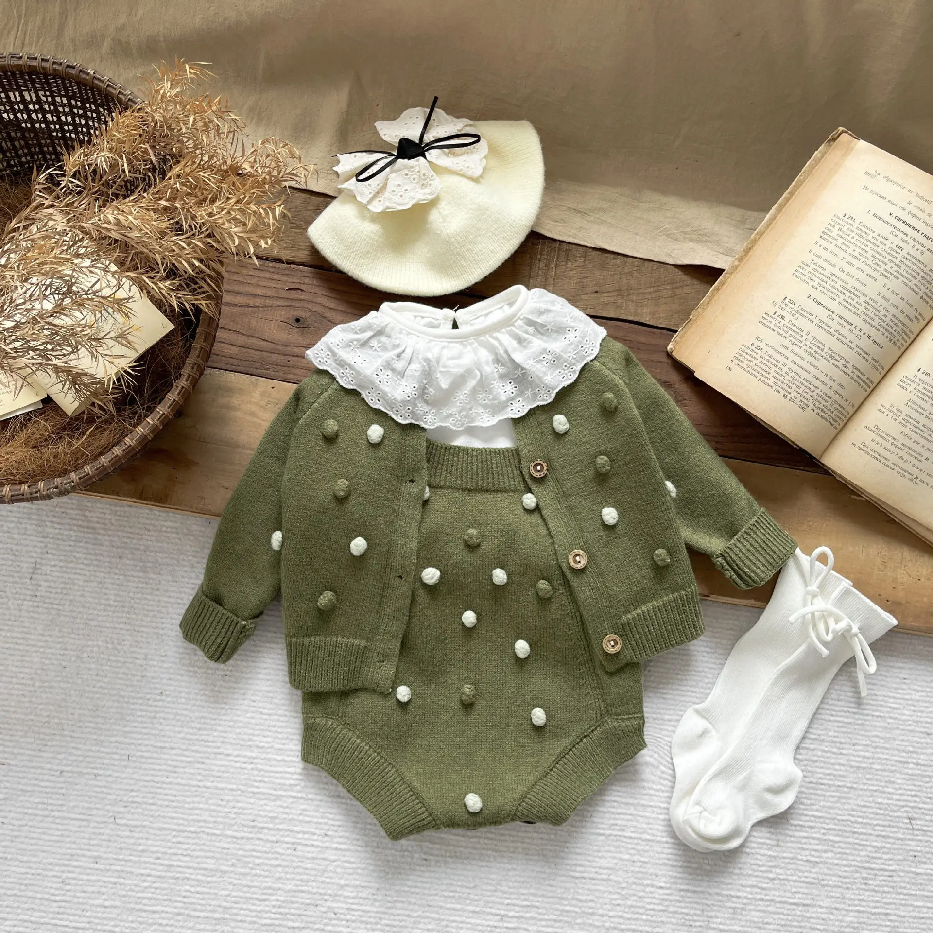Baby Girl Knitted Suit Pom‑pom Sweater Cardigan + Suspender Romper Bodysuit Spring Autumn Newborn Infant Clothing Set 0‑18M