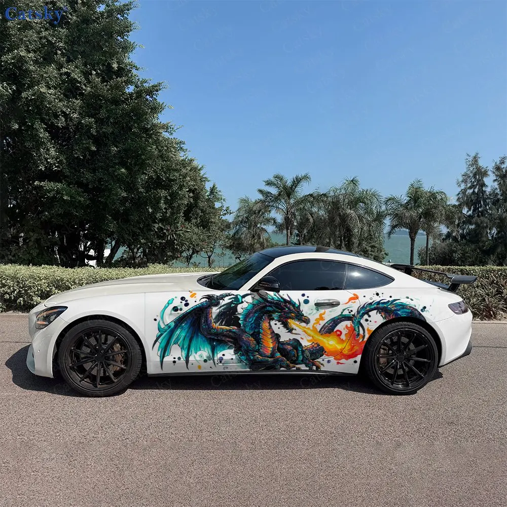 2pcs Coiled Wing Fire Dragon Car Side Wraps, Self-Adhesive PVC Waterproof & Scratch-Resistant Stickers, Car Accessory Gift