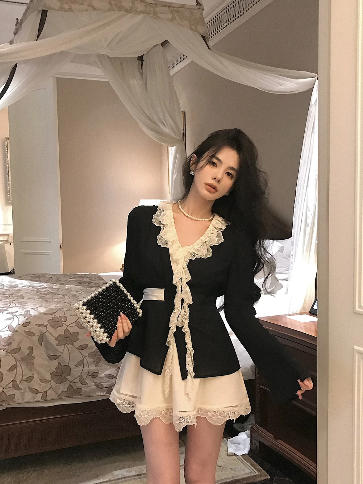 

Ele V-Ne Bell Sve irt Coat Women's Slim Fit Button Detail Waist Cinch Lace Trim Spring New Sle Retro Sle