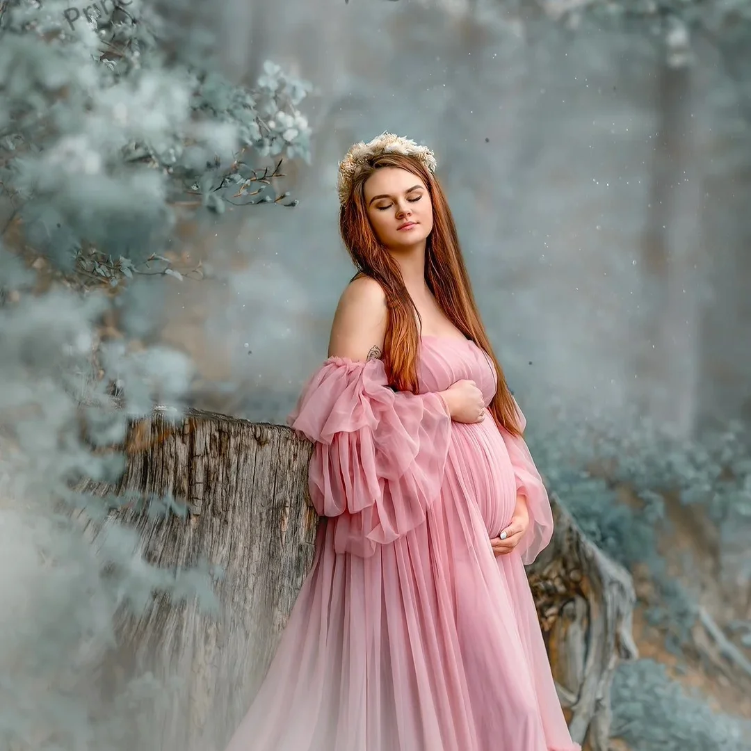 Vestido de Fotoia de Maternidade Sexy em Tule para São de Fotos, Vestido de Noite com Cauda Longa, Feito Sob Medida