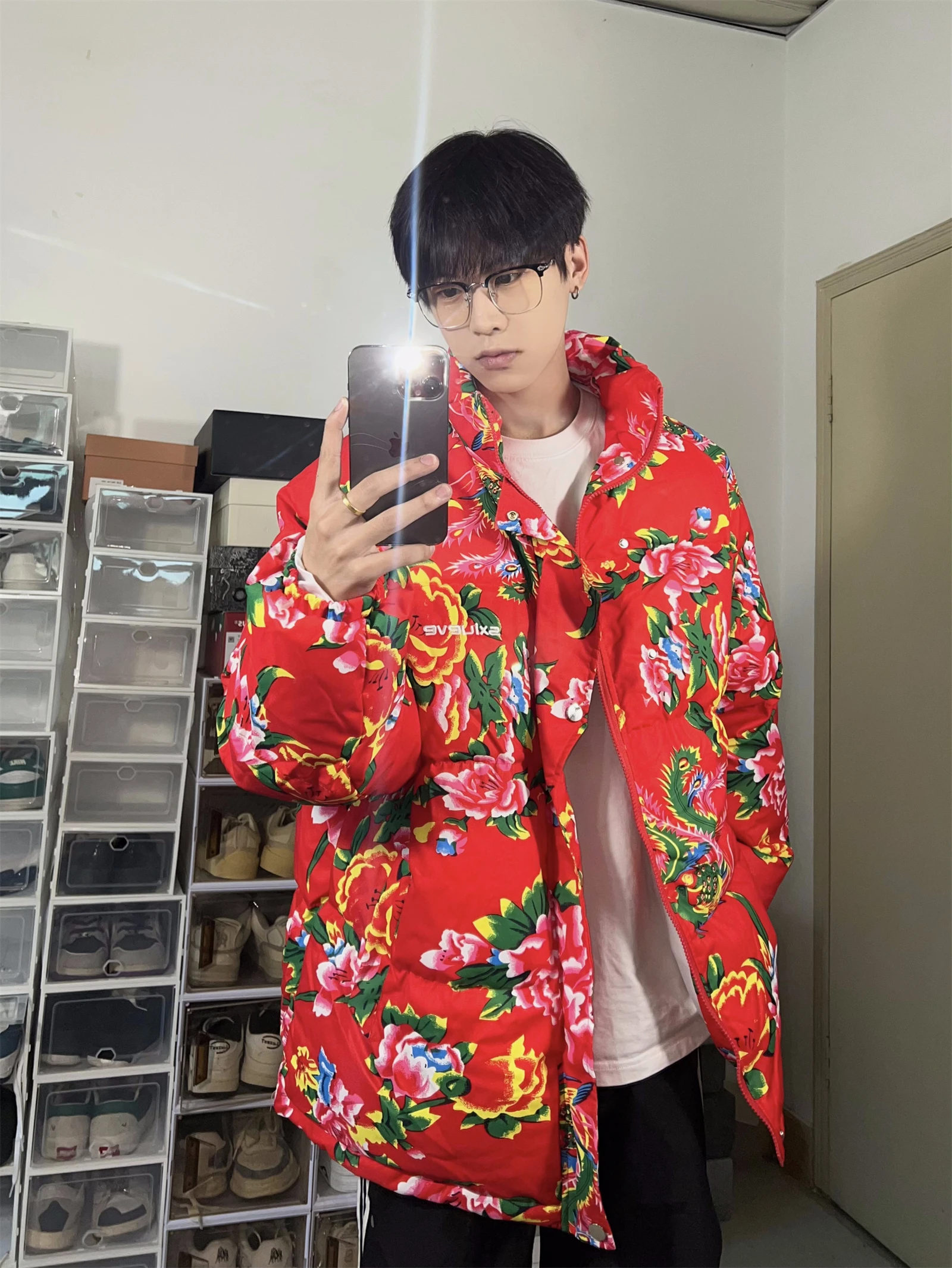 

North East Big Flower Men's Winter Thiened Bread Sle Retro down Cotton Jaet Casual Warm Outerwear for Teens And Adults