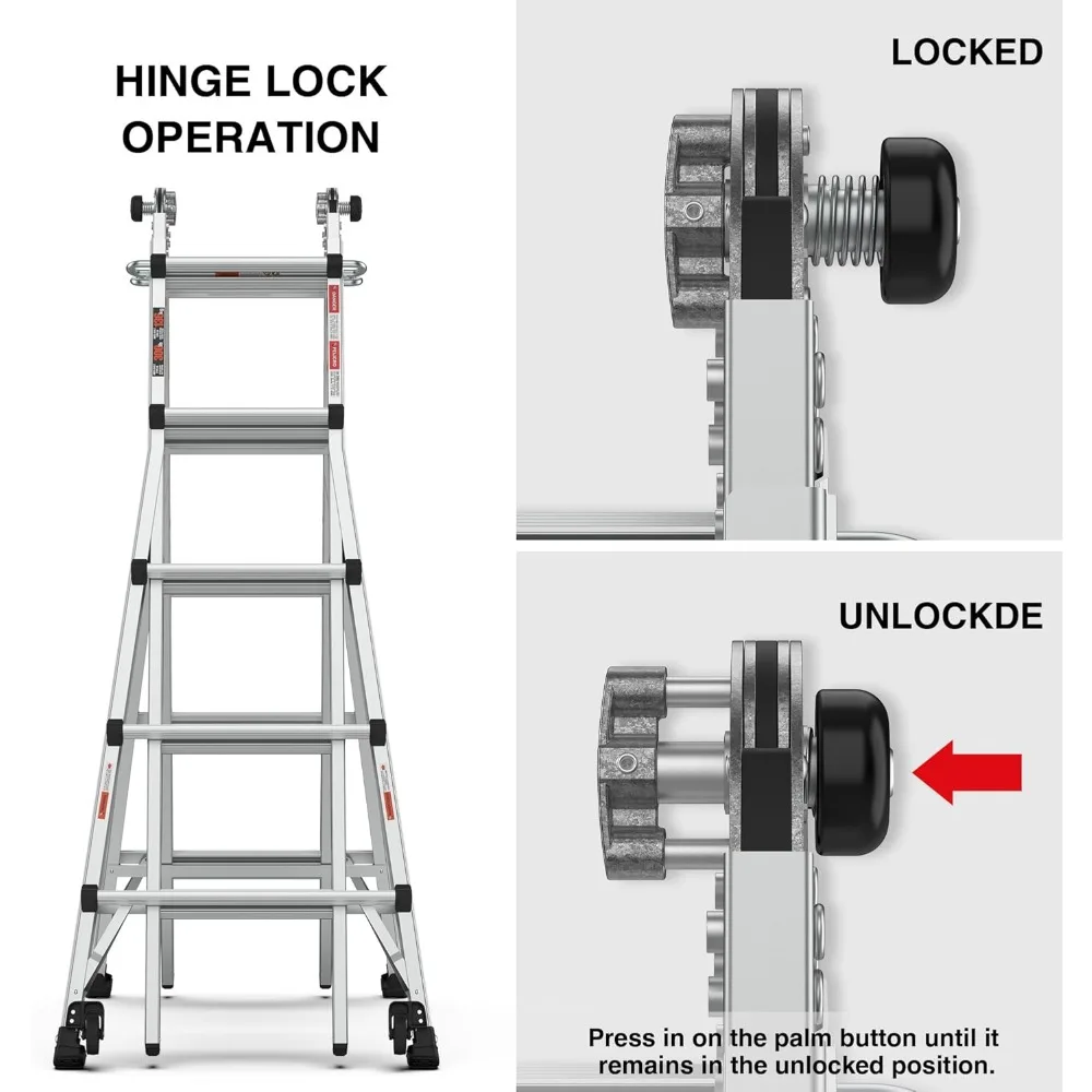 22-foot multi-function folding ladder with wheels, wide tread and hinge lock