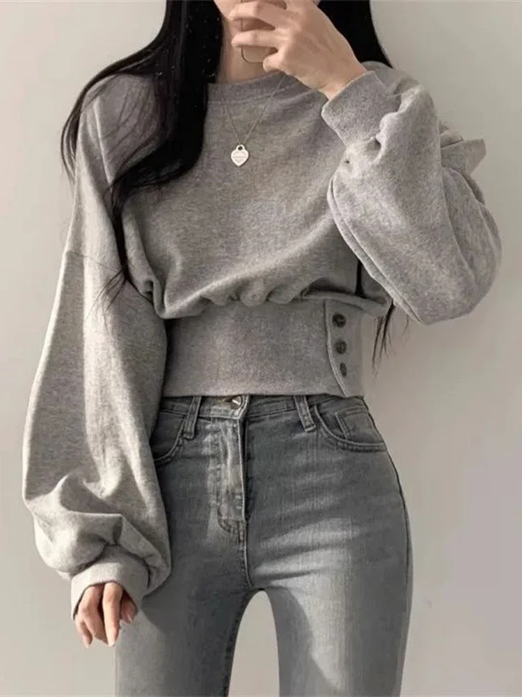 Long Sleeve Tops Women Korean Fashion Crop Sweatshirt Female Vintage Casual Buttons Up Sweatshirts Chic Hoodies Ladies E752