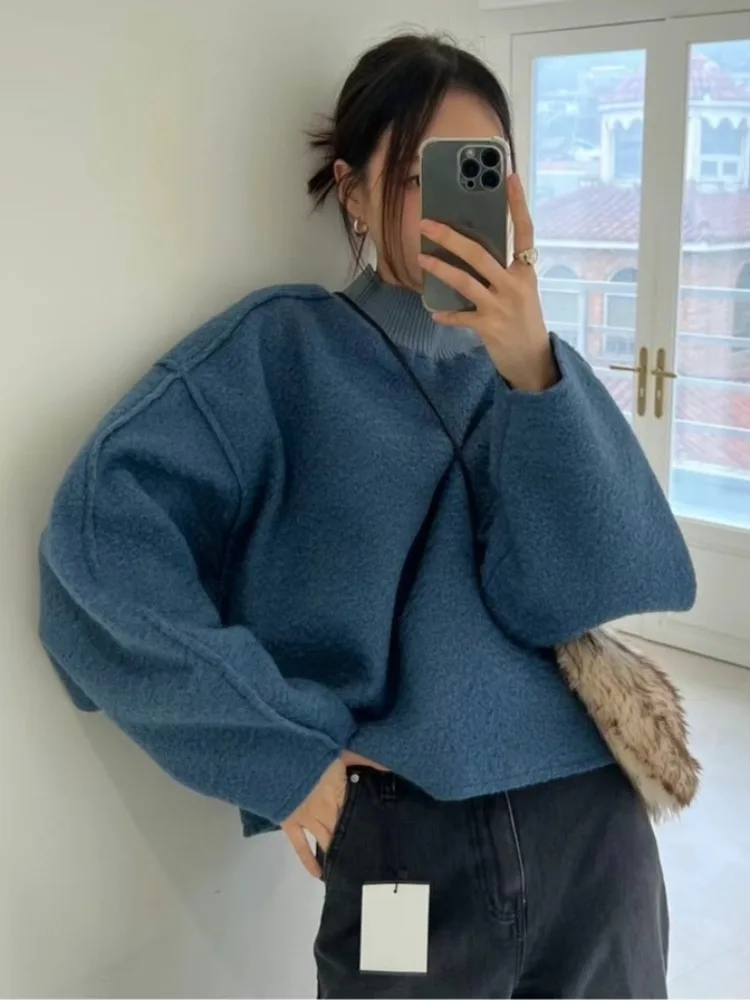 

Женский шерстяной свитшот Thiened, джет, свободный крой, отложной воротник, ленивый утягивающий осенне-зимний теплый топ