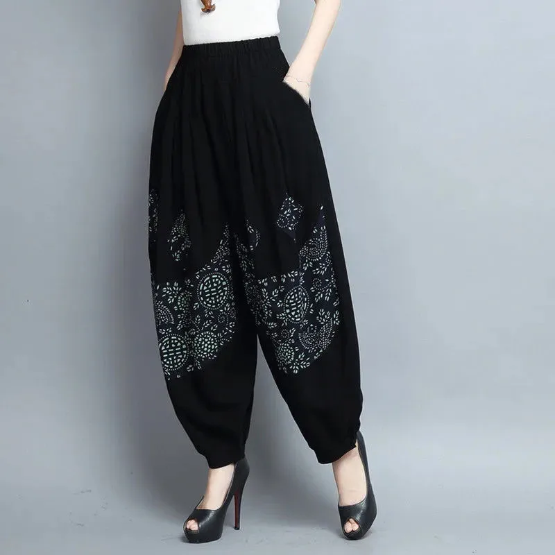 2023 Black Cotton Linen Bloomers Trousers Women's New Fashion National Pants Spring Summer Loose Wide-Leg Pants Female