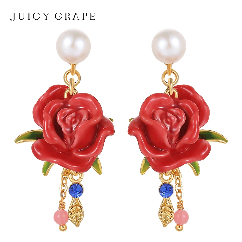 

Juicy Grape Red Rose Tassel Earrings for Women Elegant Jewelry Engagement Wedding Accessories Pearl Pendant Dangle Earrings