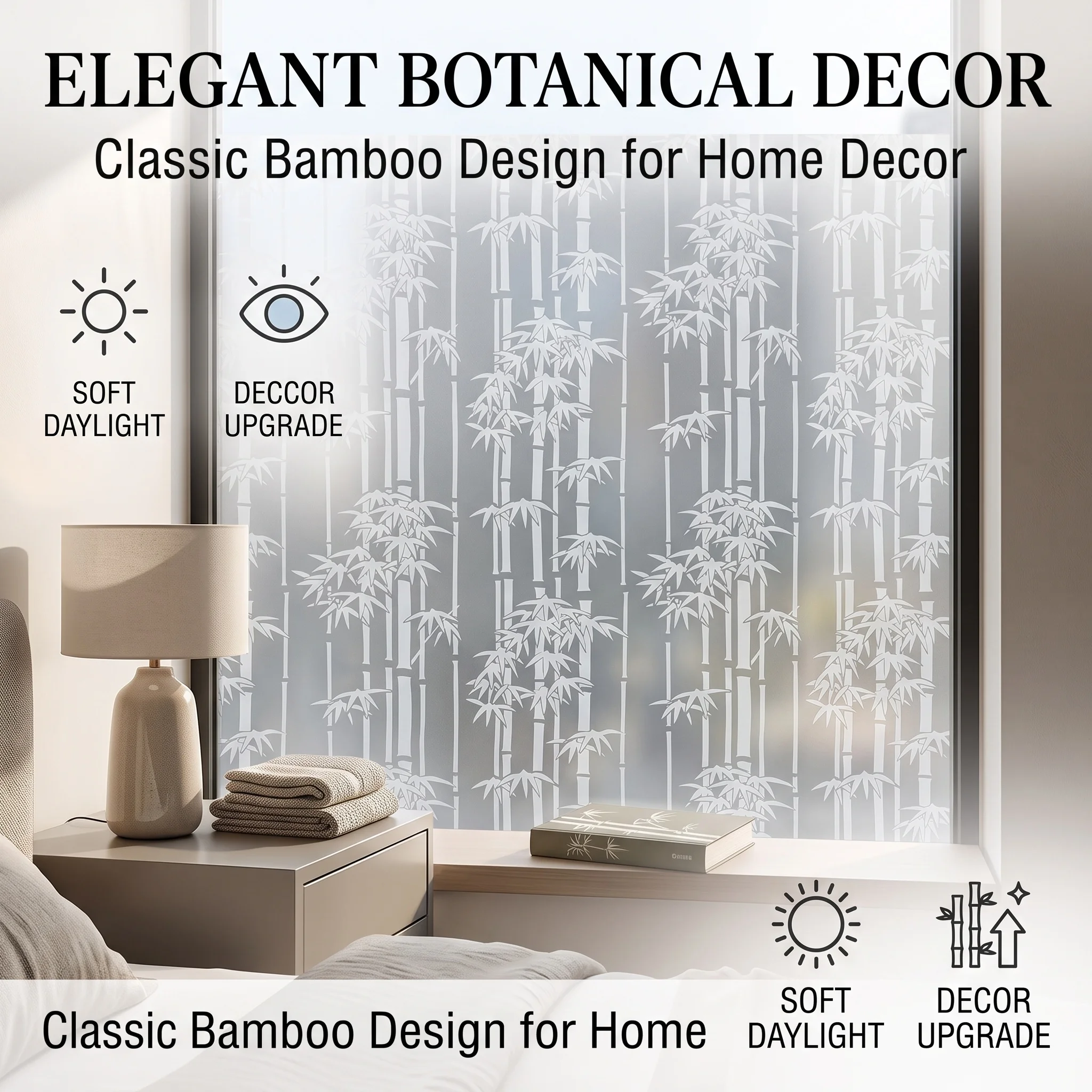 Self‑Adhesive Bamboo Pattern Window Film Frosted Privacy Glass Sticker White Botanical Print Anti‑Glare Decor Window Tint