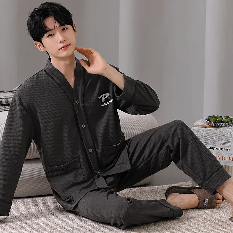 Waffle Pajamas Men's Spring and Autumn 2025 Bew long sleeve Cardigan set boys teen plus 5XL size Kimono Cotton lounge set Hombre