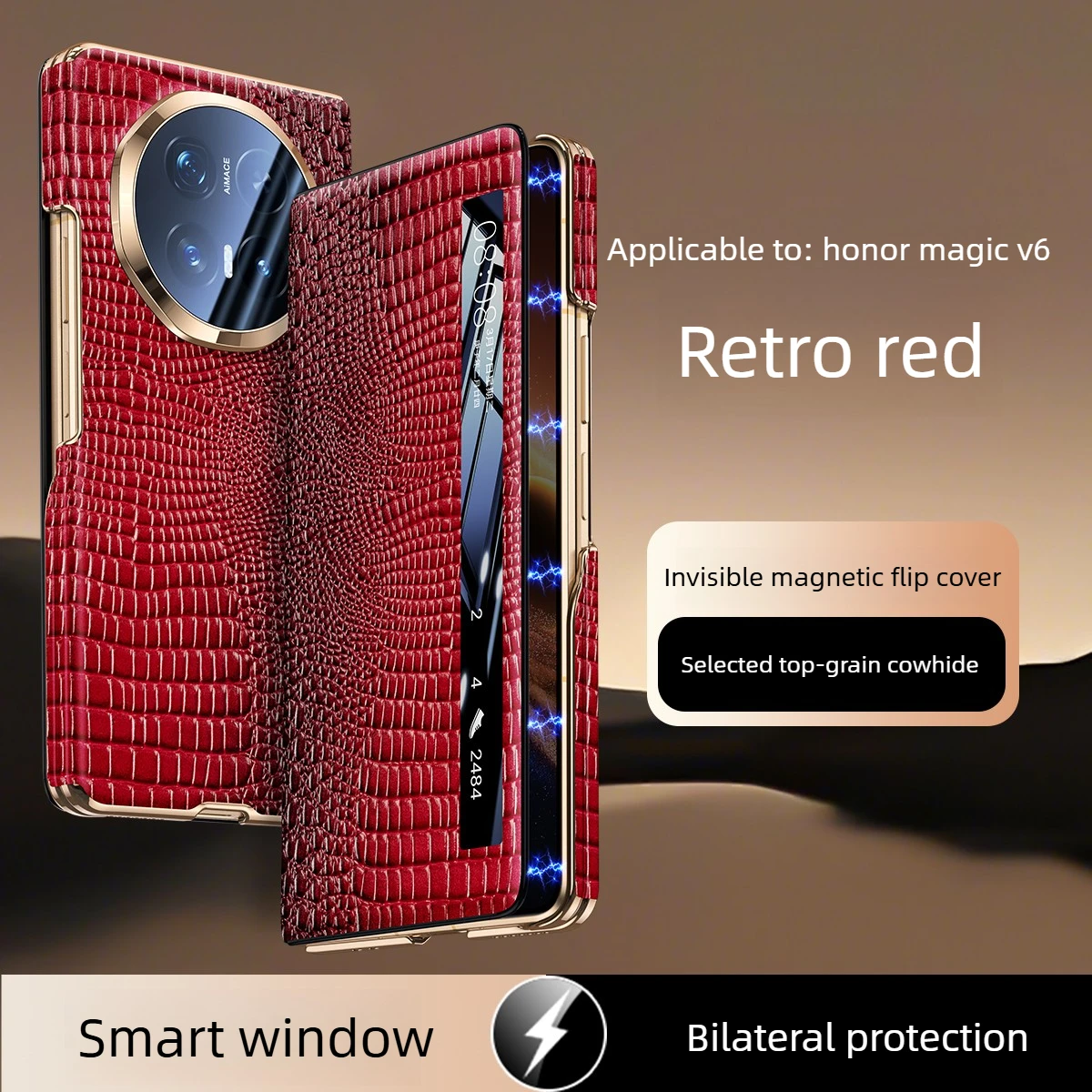 

Genuine leather crocodile pattern phone case for honor magic v6 double middle axle hinge smart view window magnetic flip case