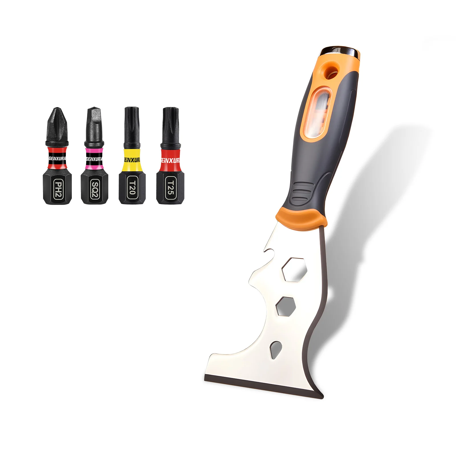 เครื่องขูดอเนกประสงค์ Geinxurn 16-in-1 พร้อมหัวแม่เหล็กเหล็กกล้า S2 สำหรับงานซ่อมแซมบ้านและงาน DIY