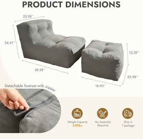Outdoor Indoor Bean Bag Lounger Chair with Ottoman, 2-in-1 Big Comfy Beanbag Chair with Filled for Adults, Waterproof