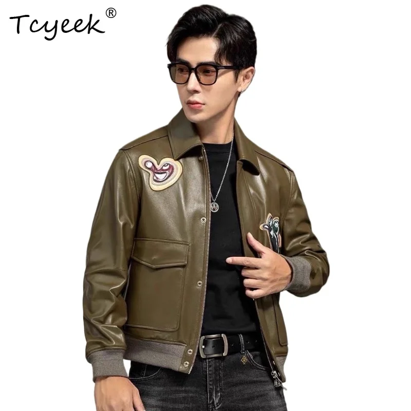 

Tcyeek Верхний слой из коровьей кожи Весна Осень Высококачественная модная короткая мужская куртка с лацканами из натуральной кожи Chaqueta Cuero Hombre 가죽 자켓