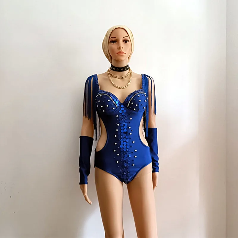 Blauwe spiegel franje bodysuit met handschoenen sexy stage performance kostuum voor nachtclub bar vrouwen gogo danseres zanger team outfit