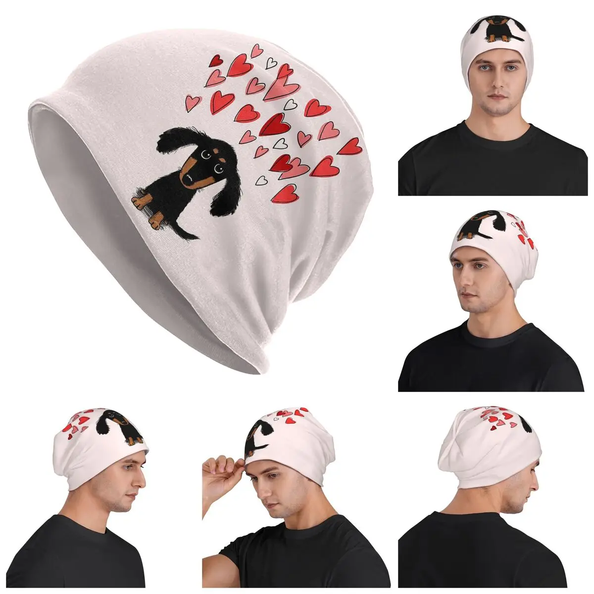 

Cute Dachshund Puppy Dog With Valentine Hearts Warm Knitted Cap Hip Hop Bonnet Hat Autumn Winter Outdoor Beanies Hats Adult