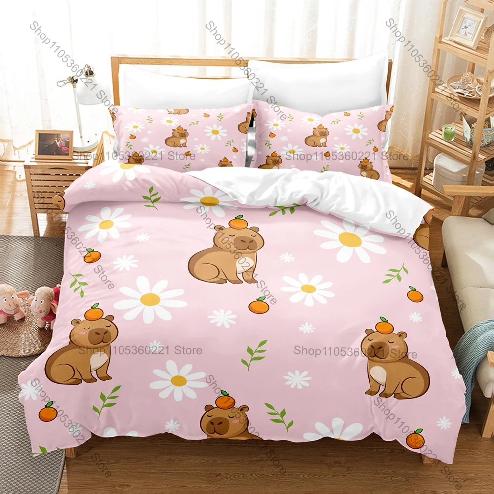 Kawaii Cartoon Capybara Three Piece Bedding Set Luxury Comforter Set with Queen King Size Cool Two household goods Anime Animal