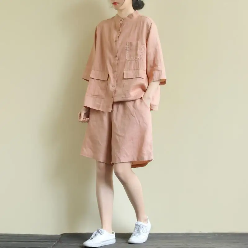 Shorts Pant Set Women Two Piece Sets Stand Collar Shirt Casual Loose Short Pants High Waist Y2k Streetwear Elegant Summer 2026