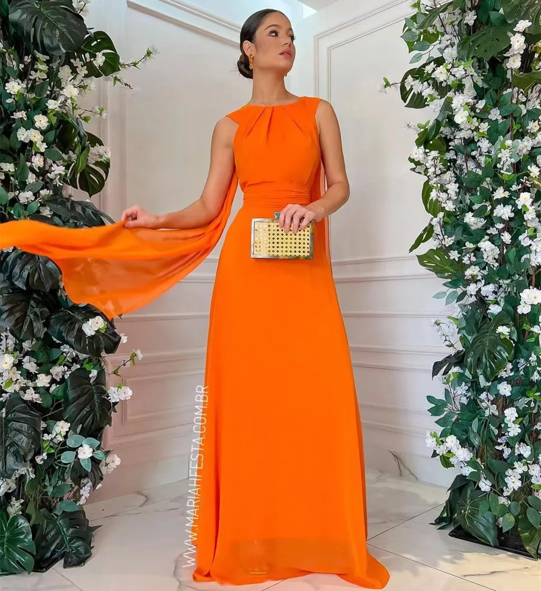 Orange Chiffon Prom Dresses with Flutters Sleeveless Zipper Back Wedding Guest Dress for Women Long Evening Party Gowns