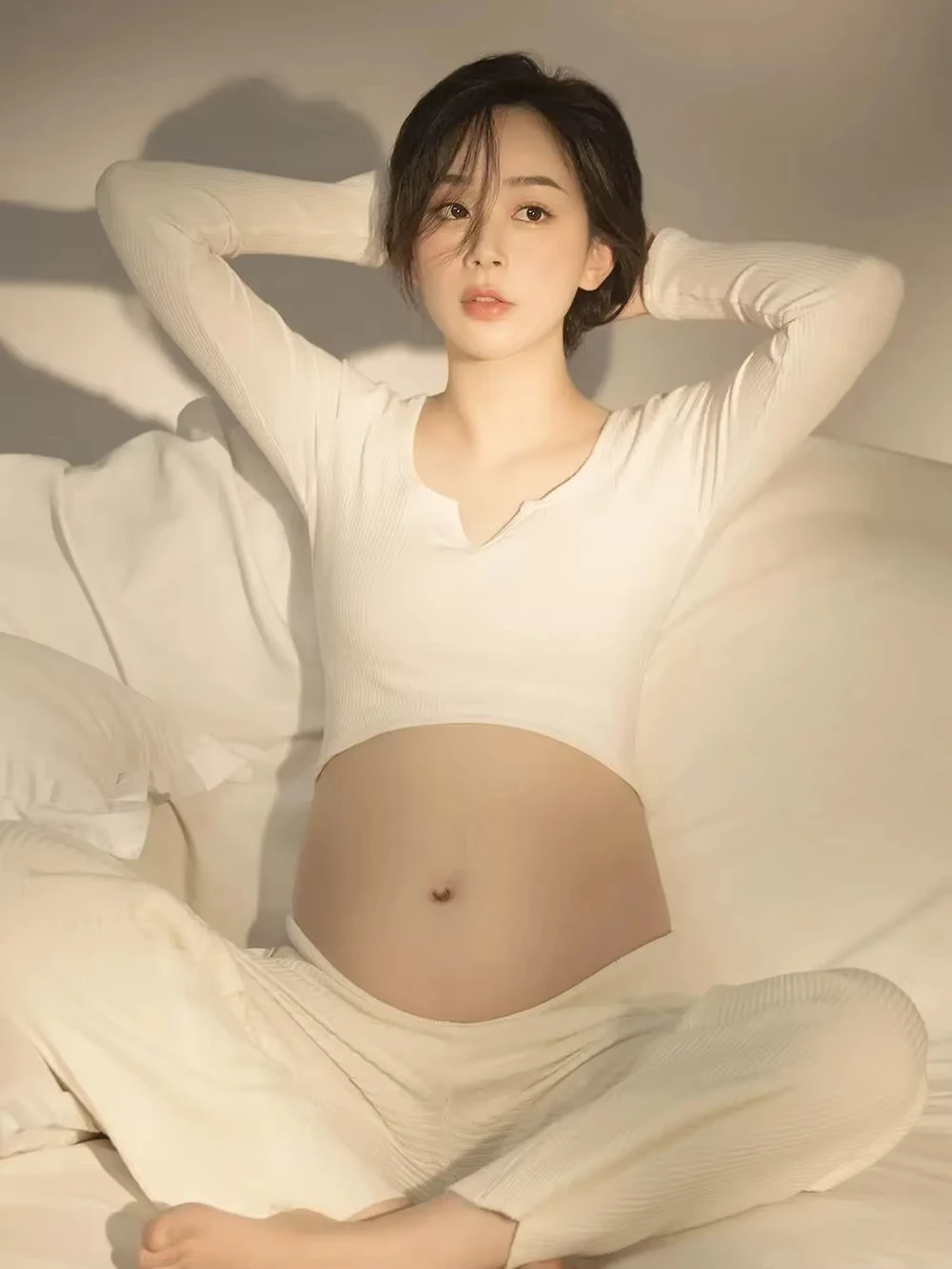 Women Photography Props Maternity Pregnancy White Knitted V-neck Sweater Pant Casual Studio Shooting Photoshoot Clothes