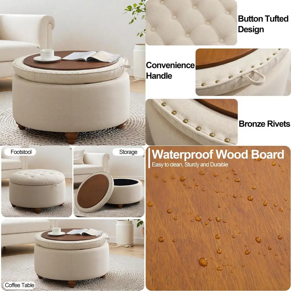 طاولة قهوة عثمانية مستديرة للتخزين مع سطح منجد وصينية قلابة وأرجل خشبية لمساحات المعيشة وغرف النوم #1