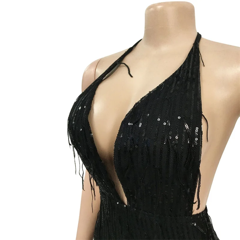 Sexy Sparkly Tassel Sequin Rompers Womens Jumpsuit Overalls for Women Night Club Party Halter Backless V-neck Wide Leg Romper