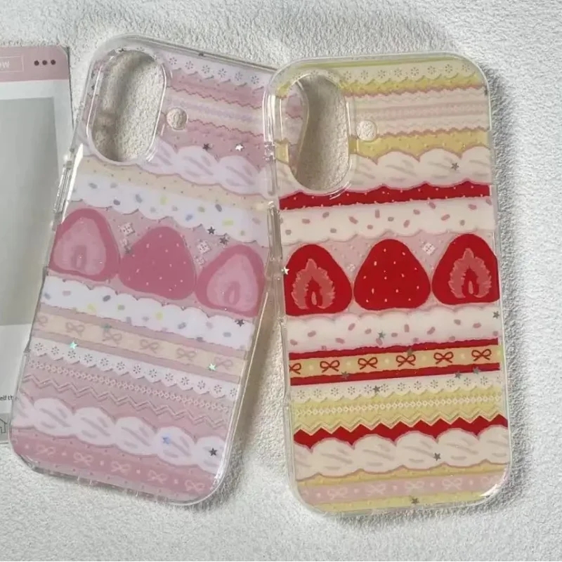 Süße Creme-Erdbeer-Kuchen-Schleifen-Handyhülle für iPhone 11 12 13 14 15 16 17 Pro Max Plus, stoßfeste Silikonhülle ﻿ ﻿