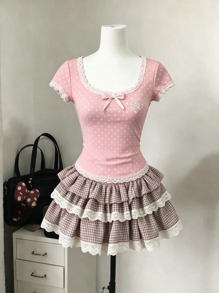 Harajuku Y2K Cute Polka Dot T‑Shirts Women Brown Bow Front Slim Fit Short Sleeve Tees Trendy Comfy Casual Fashion New Tops