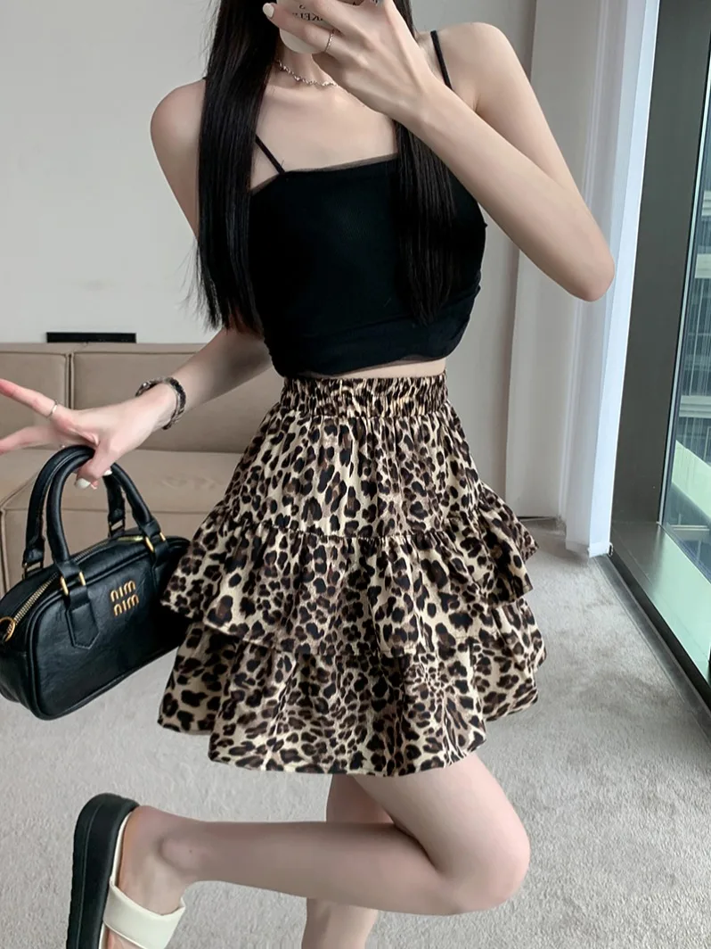 Leopard print ruffled edge cake short skirt for women\'s summer new high waisted fluffy elastic waist pleated skirt