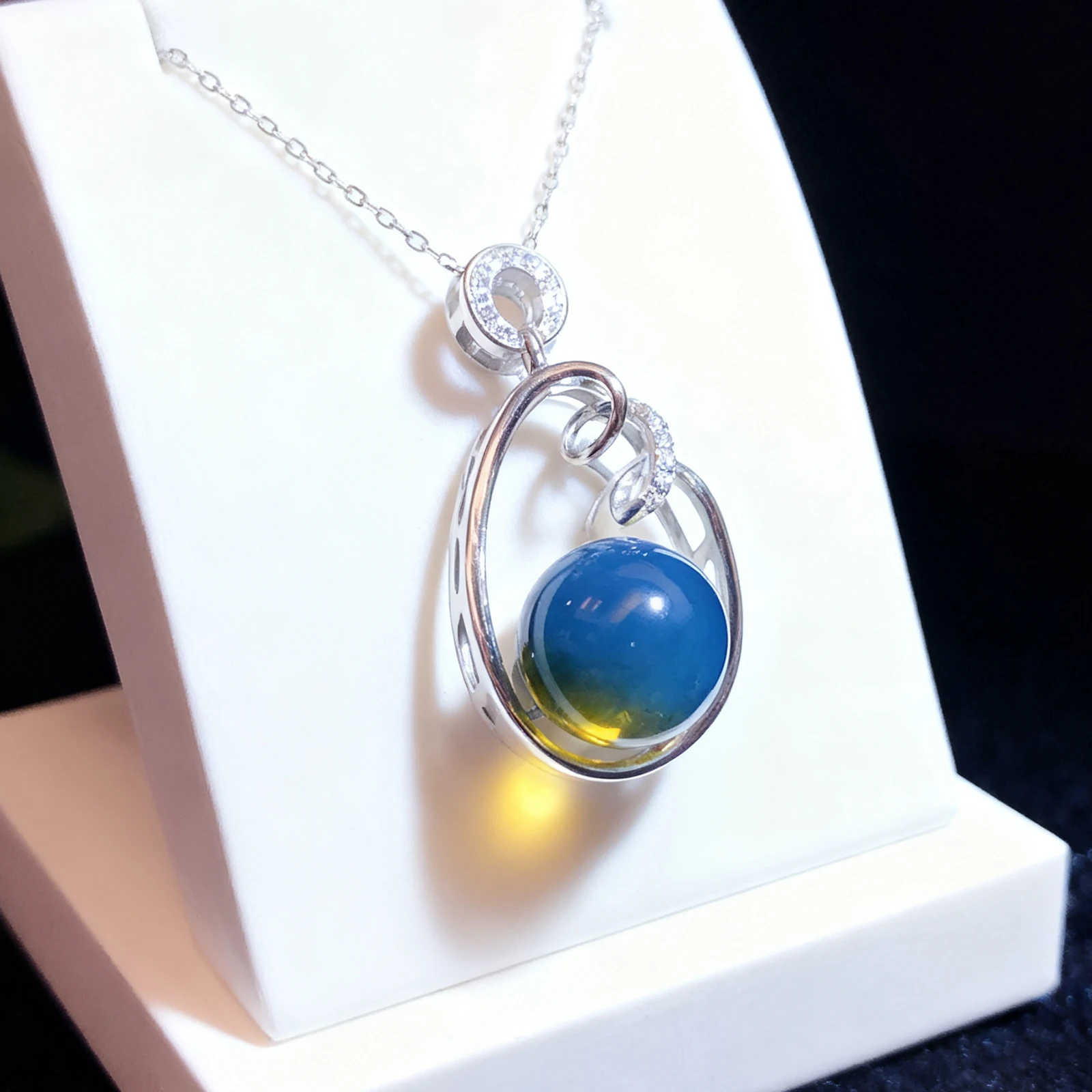 

Natural Blue Baltic AmberNecklace for Women 13mm OvalOpenworkPendant SterlingSilver WhiteAccentStones LoveGift Valentine Jewelry